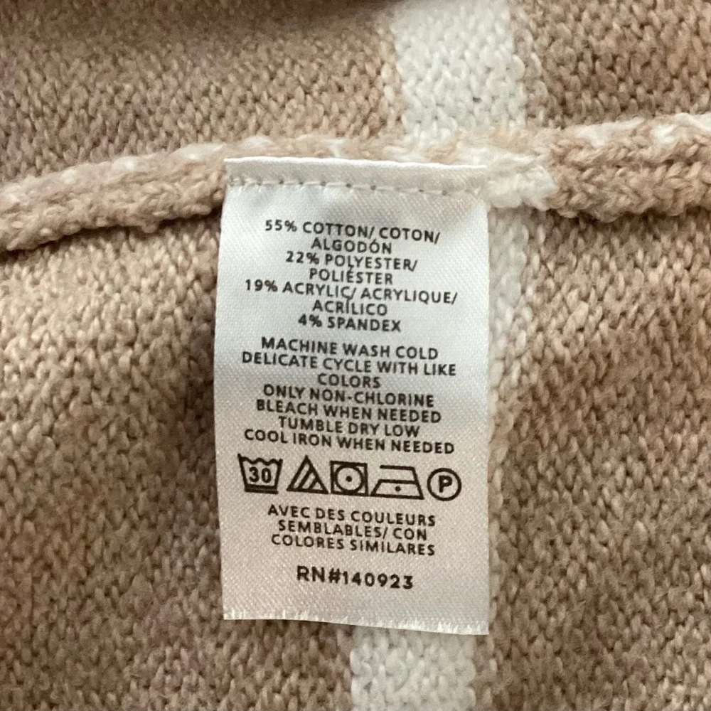 LOFT Womens Tan White Striped Funnel Neck Tunic Sweater Kangaroo Pocket Large
